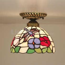 8 Inch European Stained Glass Dragonfly Style Flush Mount