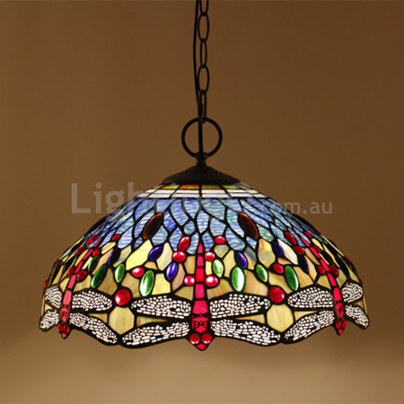 16 Inch European Stained Glass Dragonfly Style Pendant Light