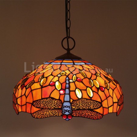 16 Inch European Stained Glass Dragonfly Style Pendant Light