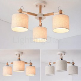 Modern/ Contemporary 3 Light Single Tier Wood Chandelier with Drum Fabric Shade