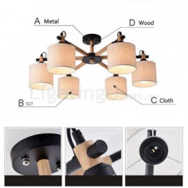 Modern/ Contemporary 6 Light Single Tier Wood Chandelier with Drum Fabric (Black White)