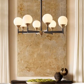 Fine Brass Black 8 Light Chandelier with Ball Glass Shades