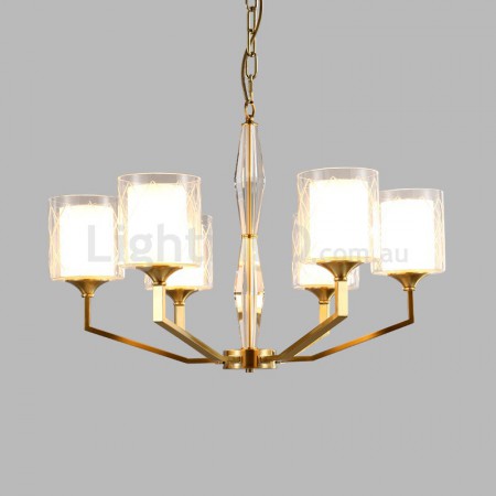 Fine Brass 6 Light Chandelier with Two Tiers Glass Shades