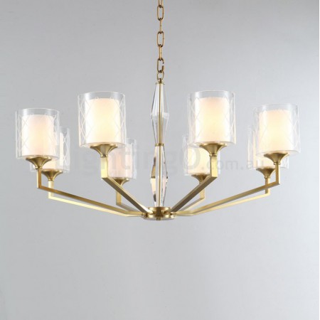 Fine Brass 8 Light Chandelier with Two Tiers Glass Shades