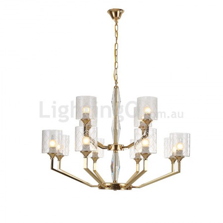 Two Tiers Fine Brass 12 Light Chandelier with Glass Shades