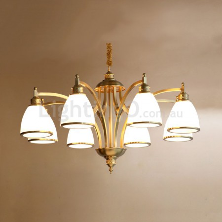 Fine Brass 8 Light Chandelier with Glass Shades