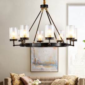 Black Fine Brass 8 Light Chandelier with Glass Shades