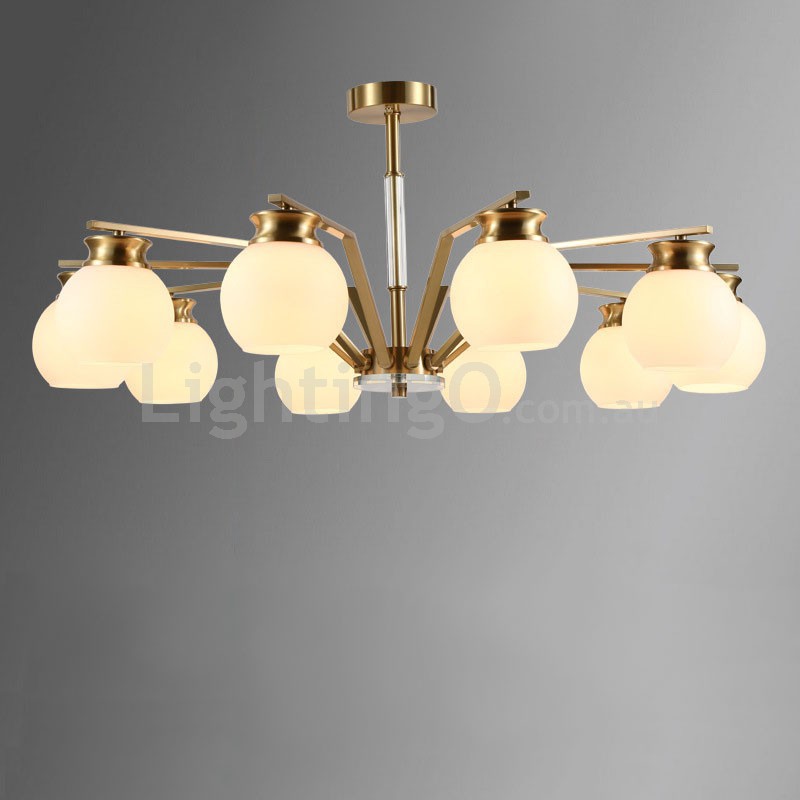 Fine Brass 10 Light Crystal Chandelier, Chandelier With White Glass Shades