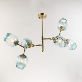 Fine Brass 6 Light Chandelier with Blue Glass Shades