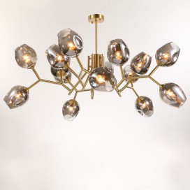 Fine Brass 15 Light Chandelier with Grey Glass Shades