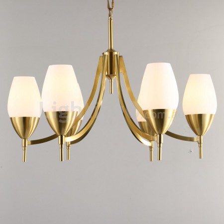 Fine Brass 6 Light Chandelier with Glass Shades