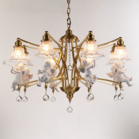 Fine Brass 8 Light Crystal Chandelier with Glass Shades