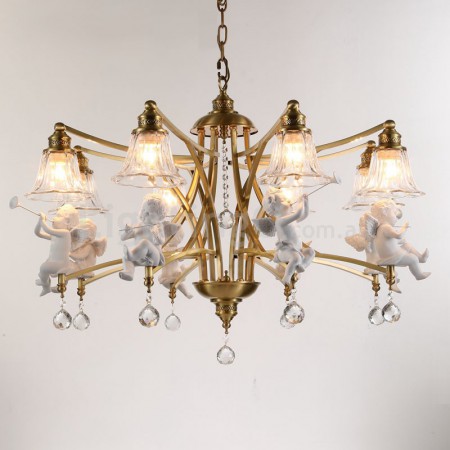 Fine Brass 8 Light Crystal Chandelier with Glass Shades