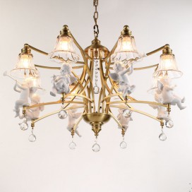 Fine Brass 8 Light Crystal Chandelier with Glass Shades