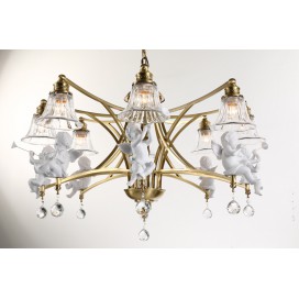 Fine Brass 8 Light Crystal Chandelier with Glass Shades