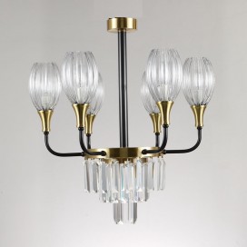 Fine Brass 7 (6+1) Light Crystal Chandelier with Glass Shades