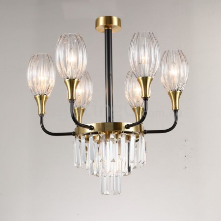 Fine Brass 7 (6+1) Light Crystal Chandelier with Glass Shades