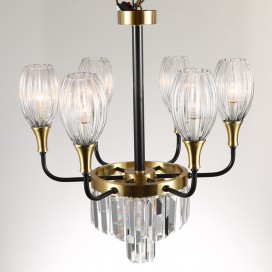 Fine Brass 7 (6+1) Light Crystal Chandelier with Glass Shades