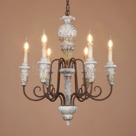 6 Light Single Tier Country Vintage Wooden Chandelier