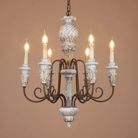 6 Light Single Tier Country Vintage Wooden Chandelier