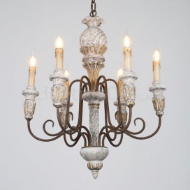 6 Light Single Tier Country Vintage Wooden Chandelier