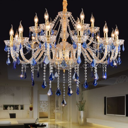 18 Light (12+6) 2 Tiers Gold Blue Candle Style Crystal Chandelier