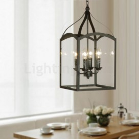 4 Light Black Metal Rustic / Lodge Pendant Light with Glass Shade