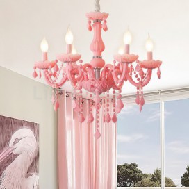 6 Light Nordic Style Macaron Pink Kids Room Candle Style Crystal Chandelier