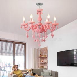 6 Light Nordic Style Macaron Pink Kids Room Candle Style Crystal Chandelier