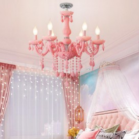 6 Light Nordic Style Macaron Pink Kids Room Candle Style Crystal Chandelier