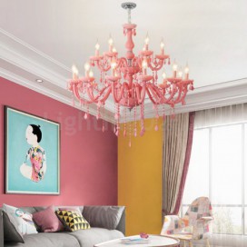 18 Light (12+6) 2 Tiers Nordic Style Macaron Pink Kids Room Candle Style Crystal Chandelier