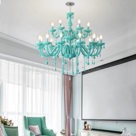 18 Light (12+6) 2 Tiers Kids Room Green Macaron Candle Style Crystal Chandelier