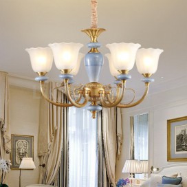 6 Light Retro Rustic Luxury Brass Chandelier with Glass Shade