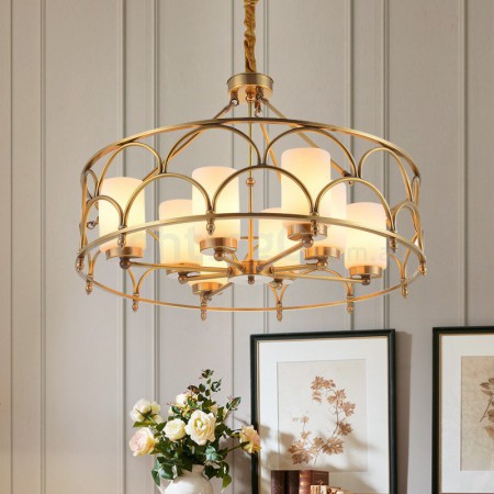 8 Light Retro Rustic Luxury Brass Chandelier with Glass Shade