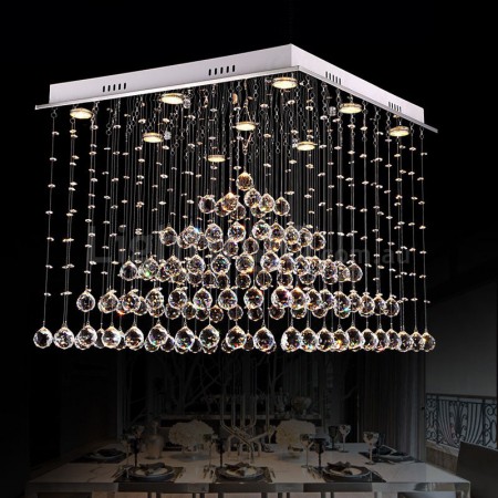 9 Light Square Modern K9 Crystal Sparkle Luxury Rain Drop Chandelier