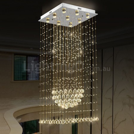 9 Light Square Long Modern K9 Crystal Sparkle Luxury Rain Drop Chandelier