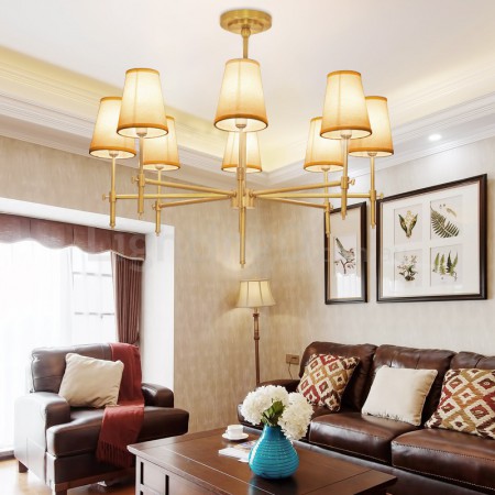 8 Light Retro Rustic Luxury Brass Chandelier with Fabric Shade