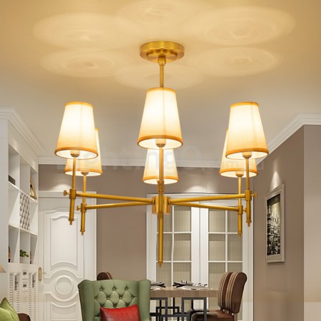 6 Light Retro Rustic Luxury Brass Chandelier with Fabric Shade