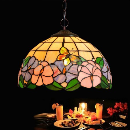 12 Inch Rural Butterfly Stained Glass Pendant Light