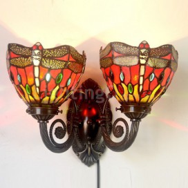 Retro 2 Light Red Dragonfly Stained Glass Wall light