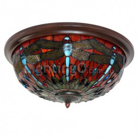 16 Inch Round Red Dragonfly Stained Glass Flush Mount
