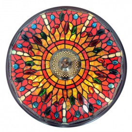 16 Inch Round Red Dragonfly Stained Glass Flush Mount