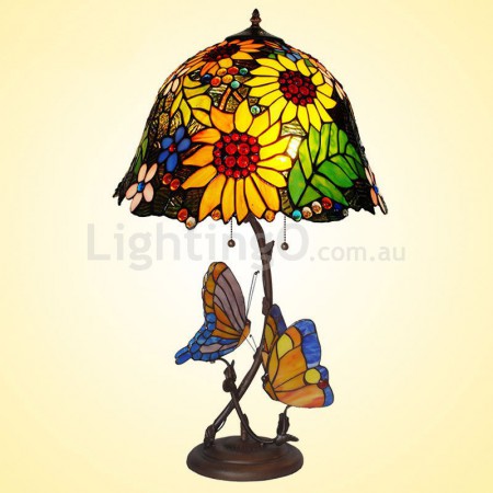 16 Inch Rural Butterfly Sunflower Stained Glass Table Lamp