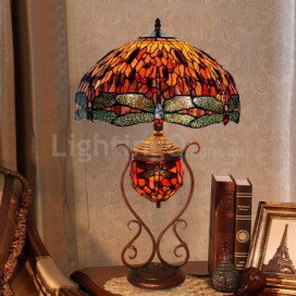 18 Inch Retro Red Dragonfly Stained Glass Table Lamp