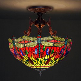 16 Inch Retro Dragonfly Stained Glass Pendant Light