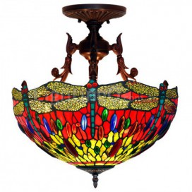 16 Inch Retro Dragonfly Stained Glass Pendant Light