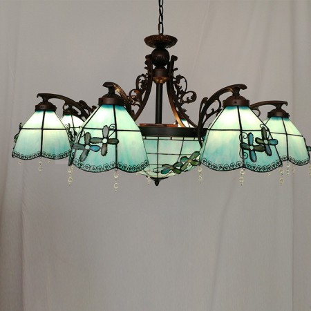 Blue Mediterranean Style 8+1 Light Chandelier Stained Glass Chandelier