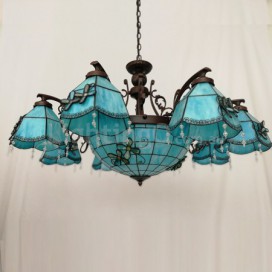 Blue Mediterranean Style 8+1 Light Chandelier Stained Glass Chandelier