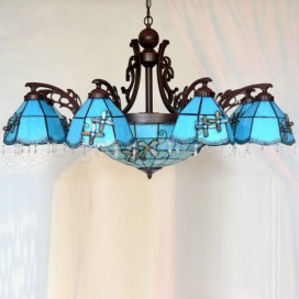 Blue Mediterranean Style 8+1 Light Chandelier Stained Glass Chandelier