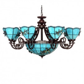 Blue Mediterranean Style 8+1 Light Chandelier Stained Glass Chandelier